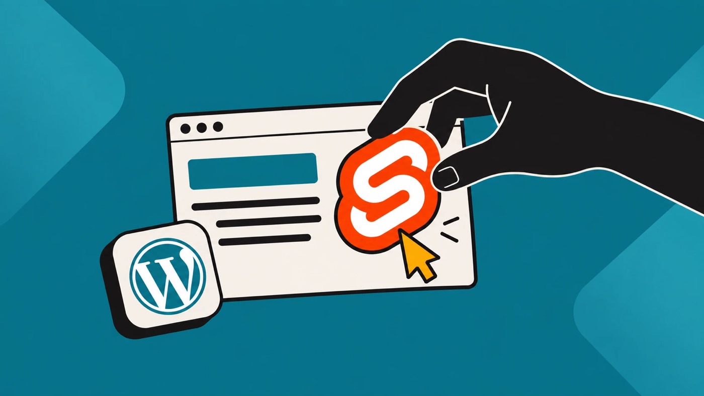 Uma mão levantando o logotipo laranja do Svelte de dentro de uma janela de navegador, com o logotipo do WordPress em um bloco ao lado